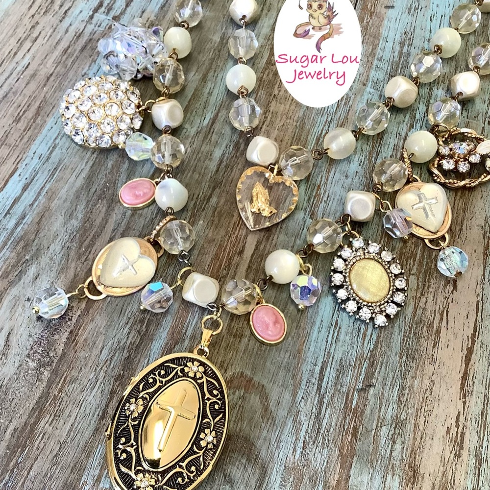 Gold & White Multi-Charm Rosary Necklace w/locket (all vintage!)